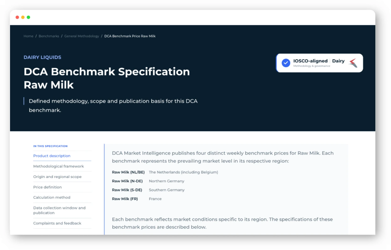 Preview of the DCA Benchmark Specification for Raw Milk