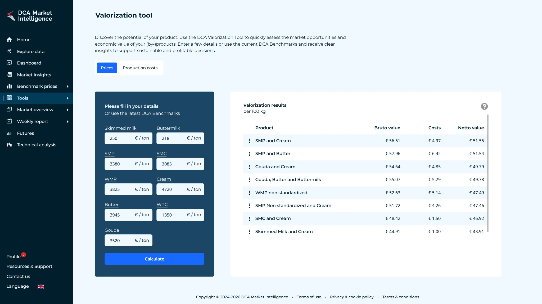 Milk Valorization Tool in the DCA Market Intelligence platform